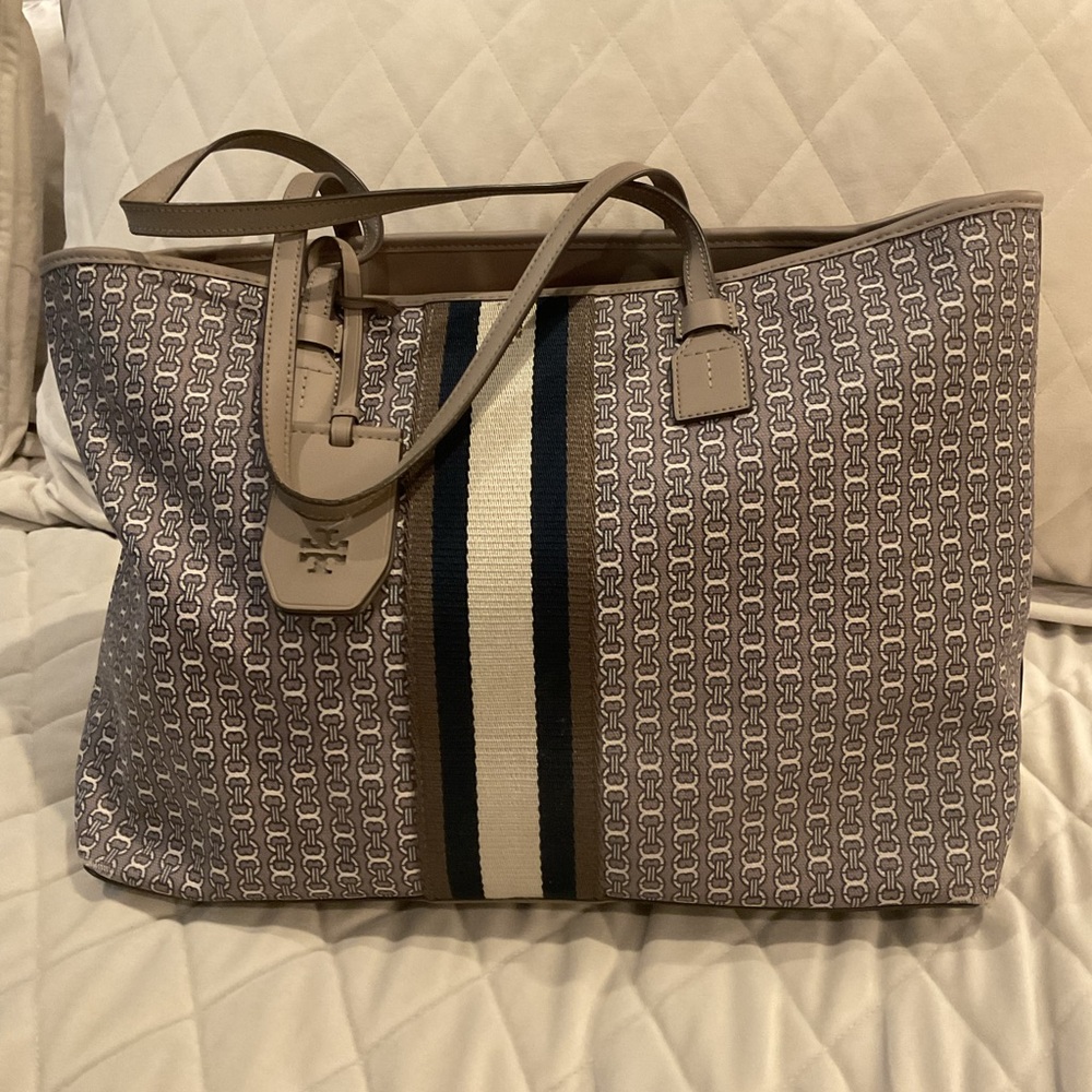 Tory Burch Geometric Tote with Black and Cream Stripe